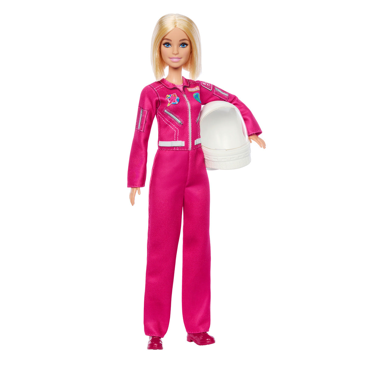 The BOEING Barbie Astronaut Doll features blonde hair and a vibrant pink astronaut suit, holding a white helmet under one arm to inspire young minds and encourage exploration through STEM play.