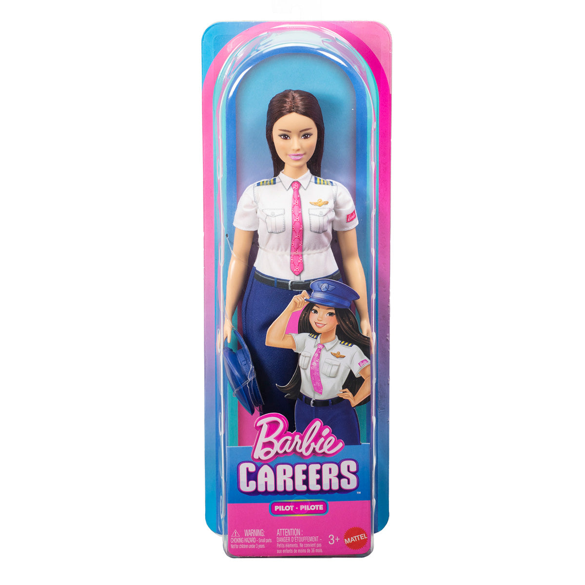 The Barbie Careers Pilot Doll by BOEING is dressed as a pilot in a crisp white shirt, navy pants, pink tie, and pilot hat, and comes beautifully packaged with official Barbie Careers branding—ideal for inspiring future aviators.