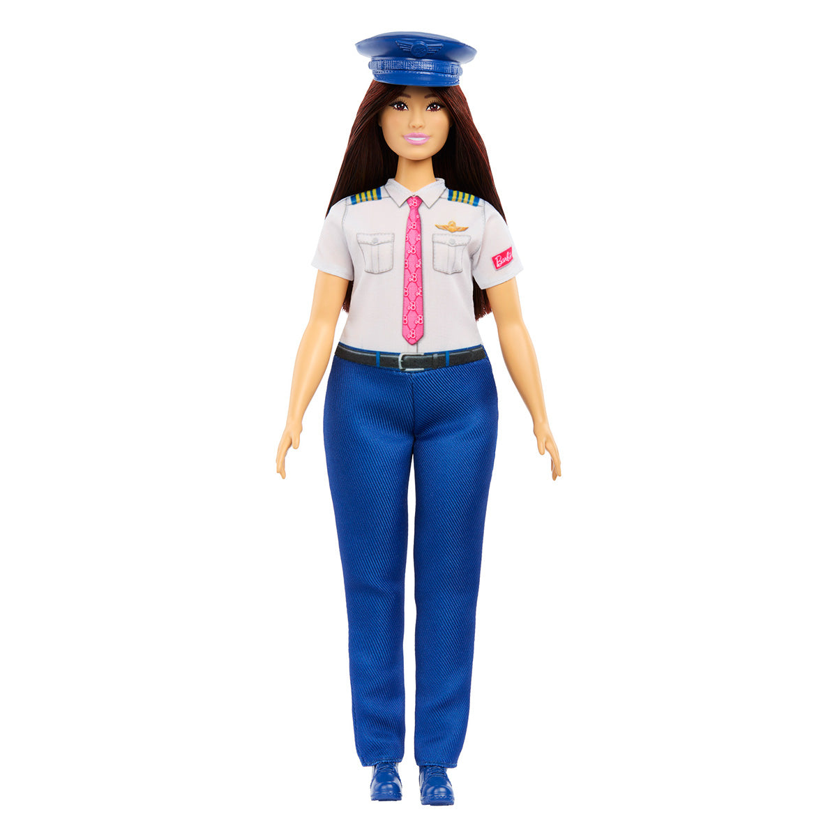 Introducing the BOEING Barbie Careers Pilot Doll—ideal for budding aviators! This doll has long brown hair and comes dressed in a blue pilot hat, white shirt with badges and epaulets, blue pants, and matching blue shoes—a standout from the BOEING Barbie Careers collection.