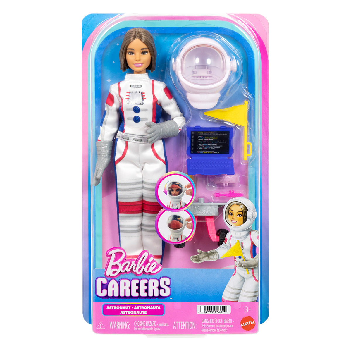 The BOEING Barbie Careers Astronaut Playset features an astronaut doll dressed in a white spacesuit and comes with accessories such as a helmet, laptop, and flag. Displayed in vibrant pink and blue packaging, this playset inspires space exploration adventures and encourages imaginations to reach for the stars.