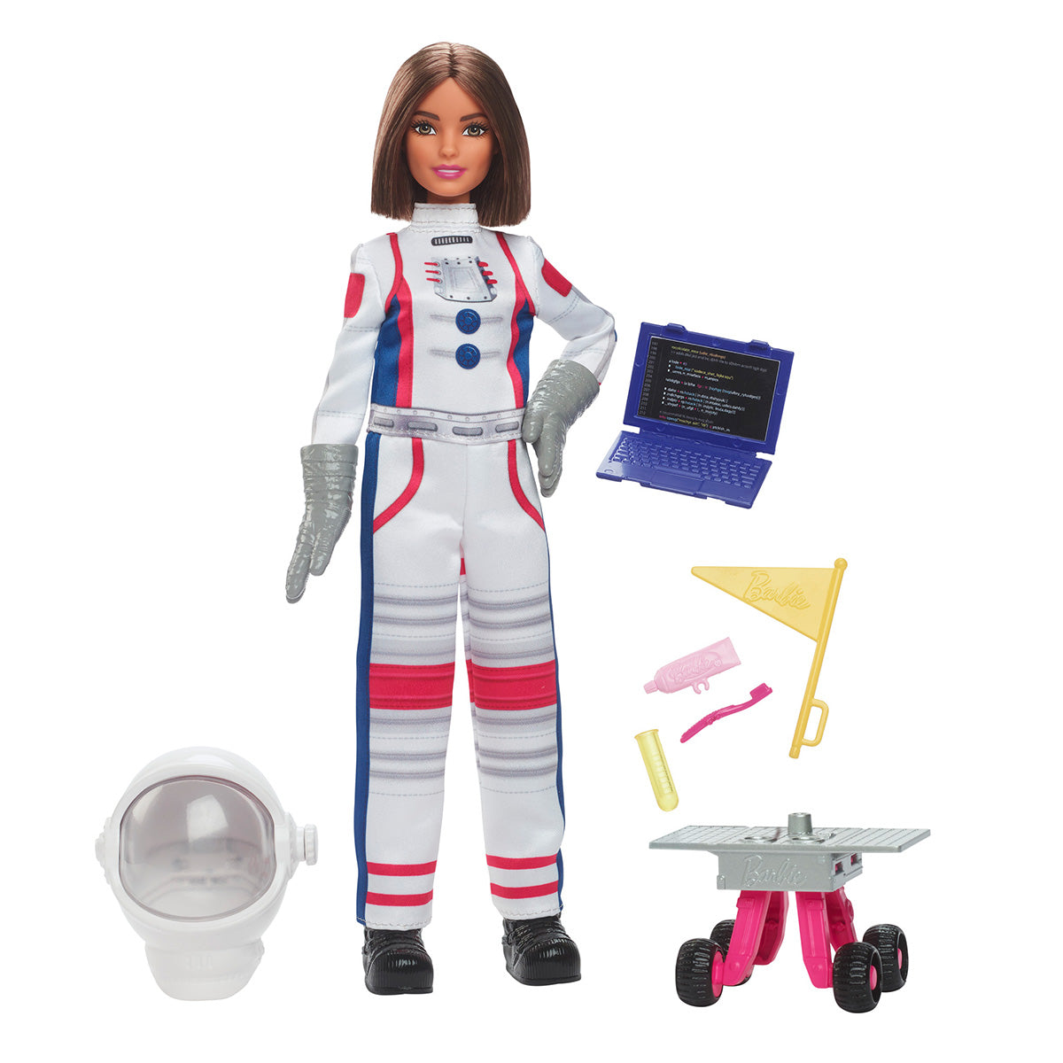 Blast off on a cosmic adventure with the Barbie Careers Astronaut Playset by BOEING! This exciting set includes a Barbie doll outfitted in a detailed astronaut suit, complete with helmet and gloves, plus essential accessories such as a laptop, flag, hairbrush, water bottle, and an interactive rover toy. All accessories are thoughtfully arranged around the doll to encourage endless imaginative play among young explorers.