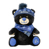 Boeing 2026 Jet Snowflake 10″ Plush Bear, a black plush aviation teddy bear wearing a blue snowflake-patterned scarf and a matching knit hat with a pom-pom.