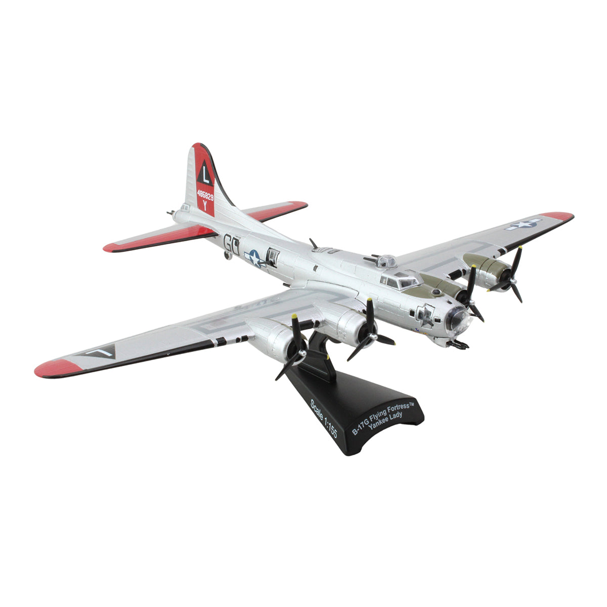 A silver DARON diecast model of the Boeing B-17G Flying Fortress "Yankee Lady" military aircraft with red tail and wingtips, displayed on a black stand labeled “B-17G Flying Fortress Yankee Lady.”.