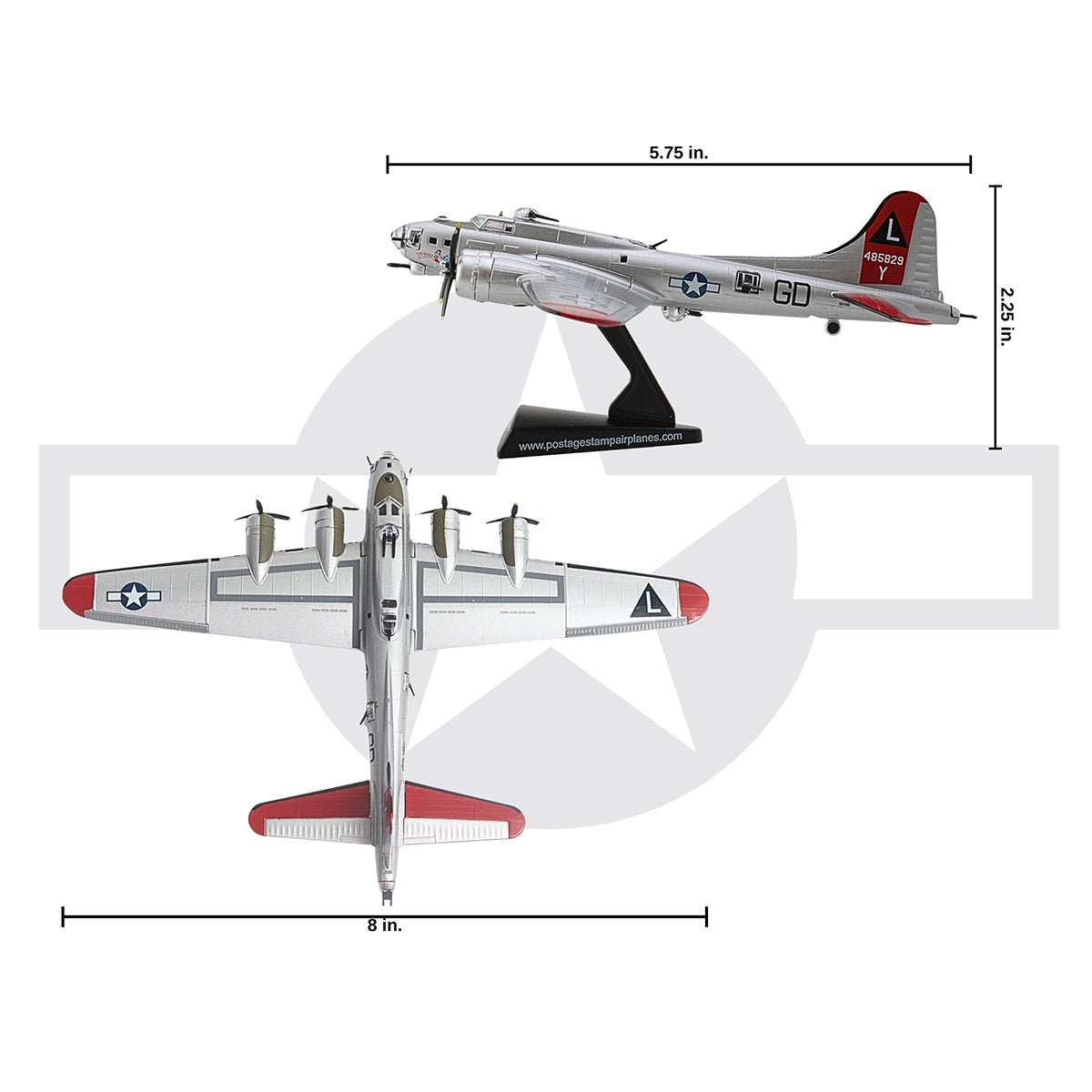 The DARON Boeing B-17G Flying Fortress Yankee Lady diecast model features a silver WWII design with red accents, U.S. Air Force insignia, display stand, and measures 5.75" long, 2.25" tall, and 8" wide (wingtip to wingtip).