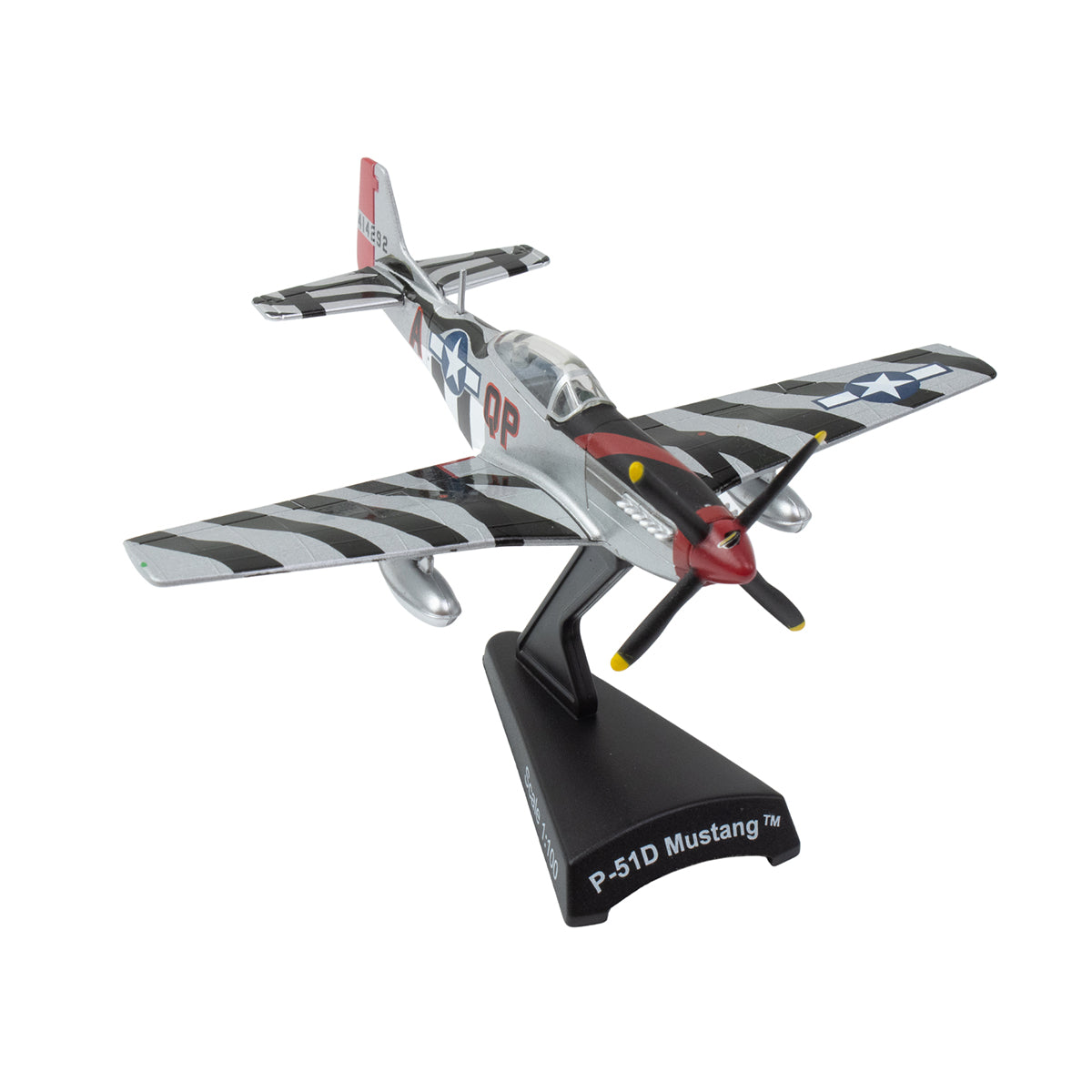 The DARON Boeing P-51D Mustang Man O'War Diecast Model features silver and black striped markings, USAF insignia, a red-nosed propeller, and comes on a black display stand labeled “P-51D Mustang.”.