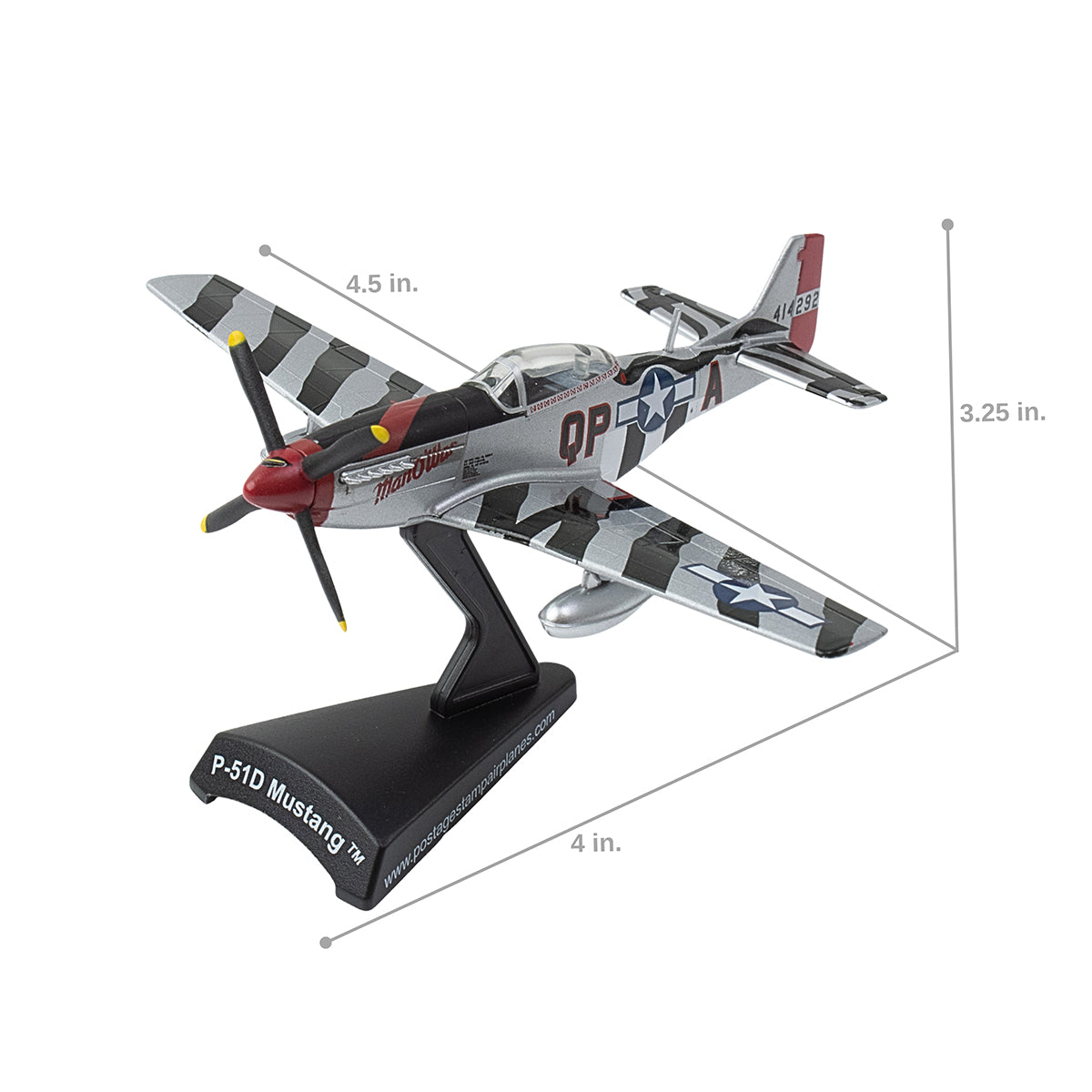 The DARON Boeing P-51D Mustang Man O'War Diecast Model, featuring U.S. military markings and a checkered pattern, measures 4.5" long, 3.25" tall, and 4" wide, and comes displayed on a stand.
