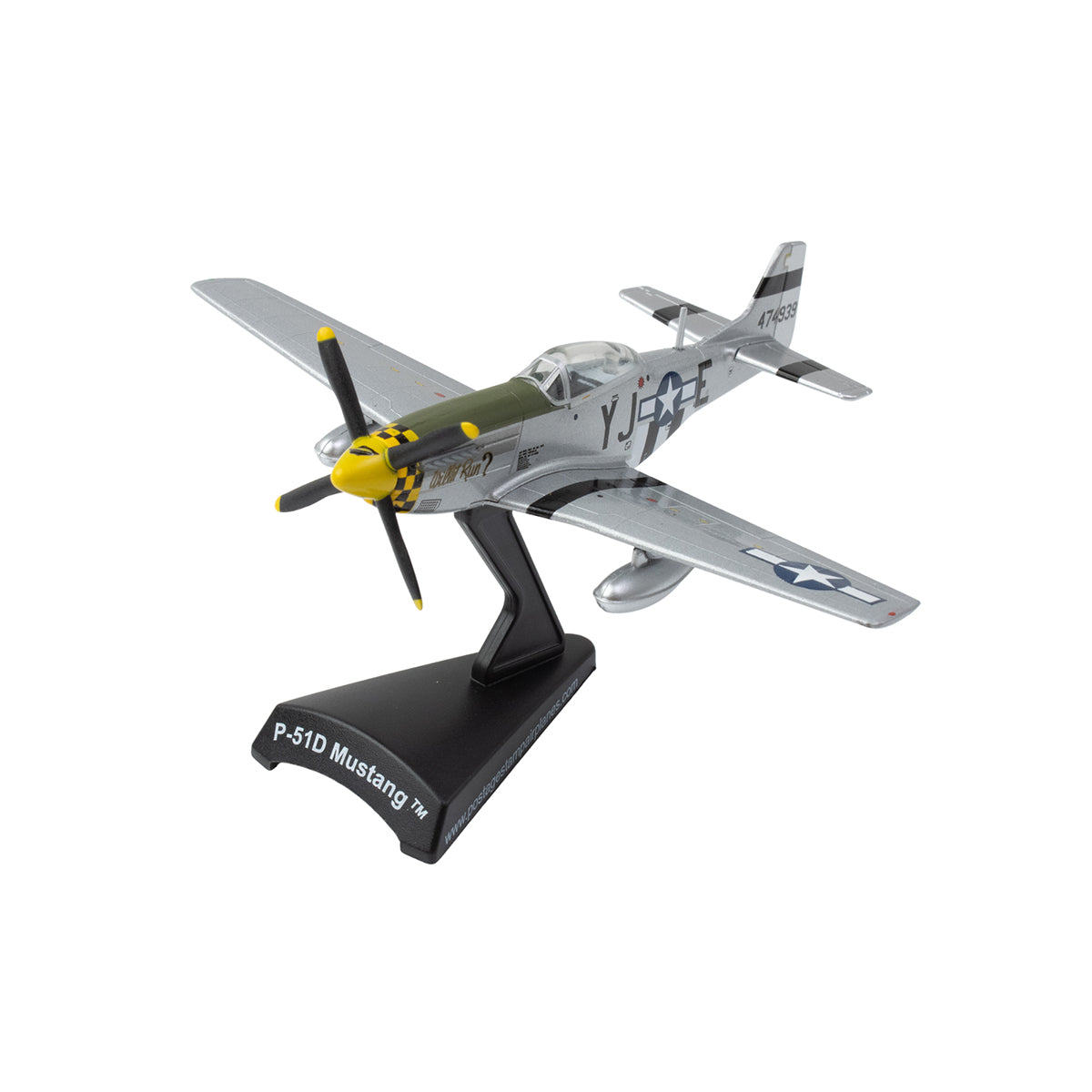 The DARON Boeing P-51D Mustang Willit Run Diecast Model features a silver finish, WWII U.S. Air Force star insignias, yellow-tipped propeller, military markings, and is mounted on a black stand labeled P-51D Mustang.