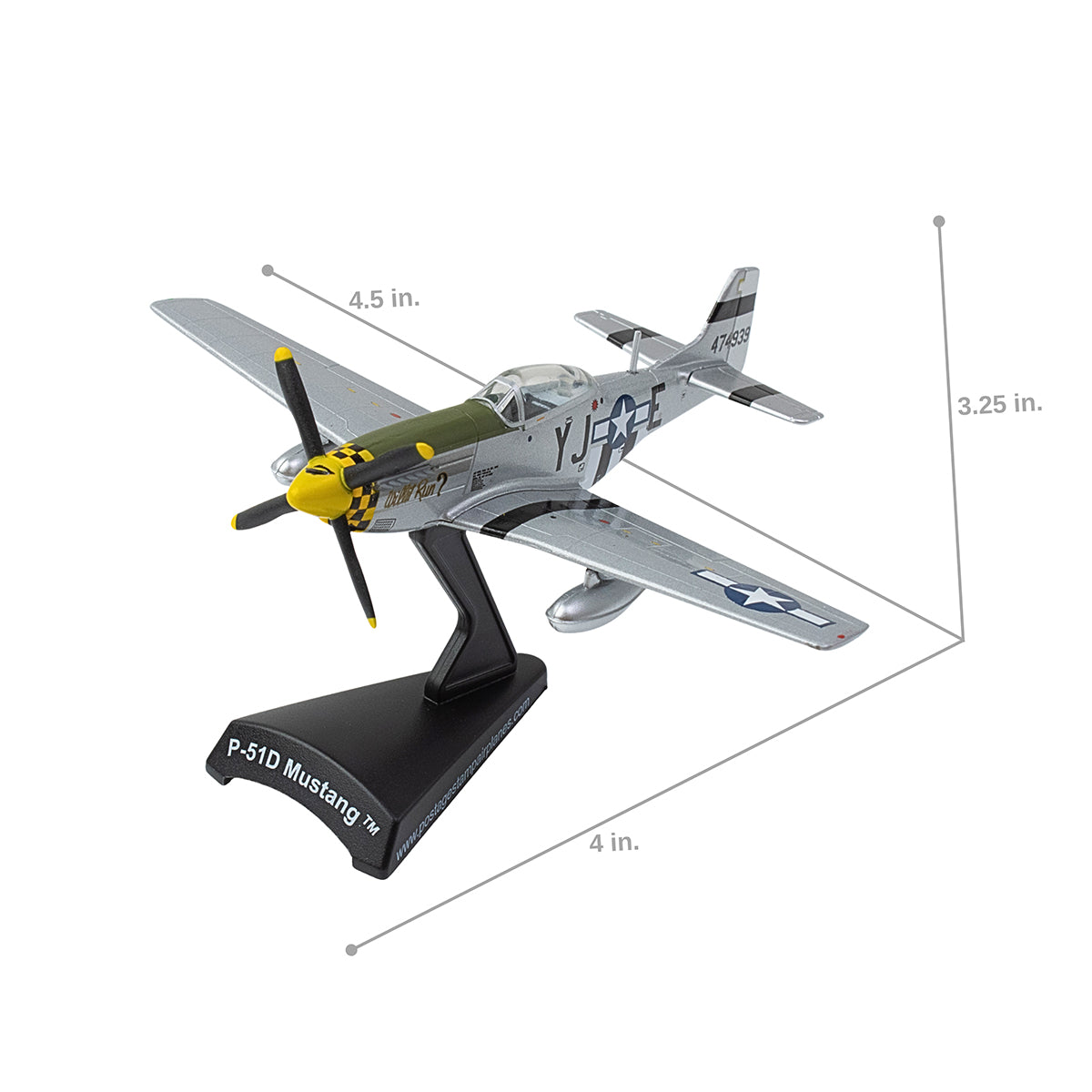The DARON Boeing P-51D Mustang Willit Run Diecast Model features World War II markings and a yellow nose, measures 4.5" L x 4" W x 3.25" H, and comes on a display stand.