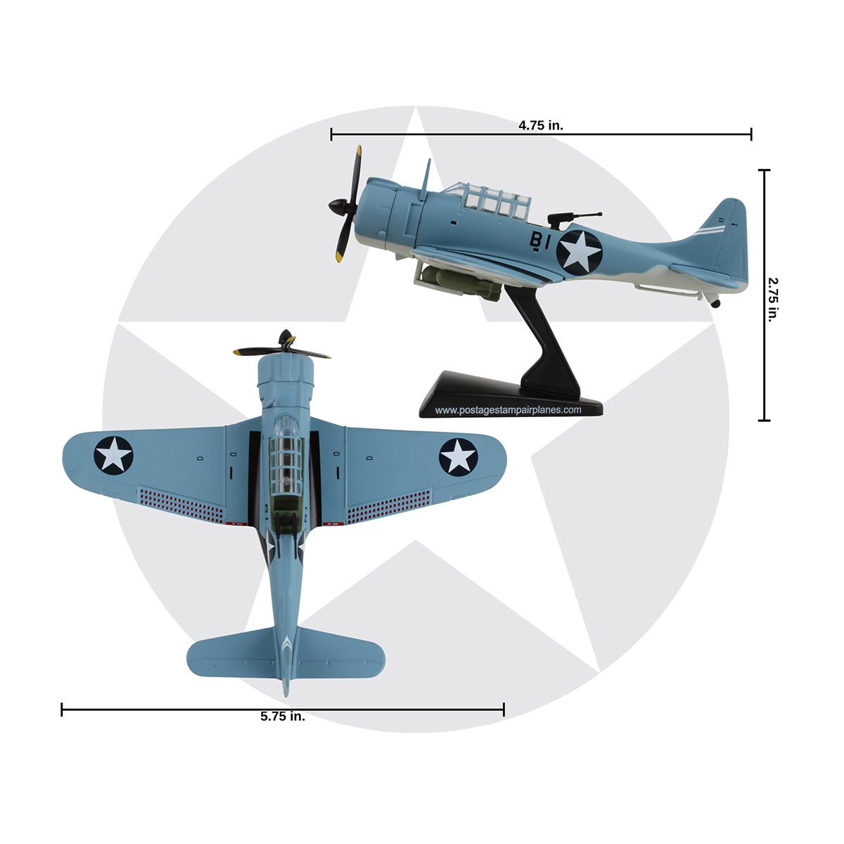 The DARON Boeing SBD-3 Dauntless Diecast Model is a 1:87 scale blue WWII-era US Navy plane replica with white star emblems, side and top views, measuring 4.75" long, 2.75" tall, and a 5.75" wingspan.