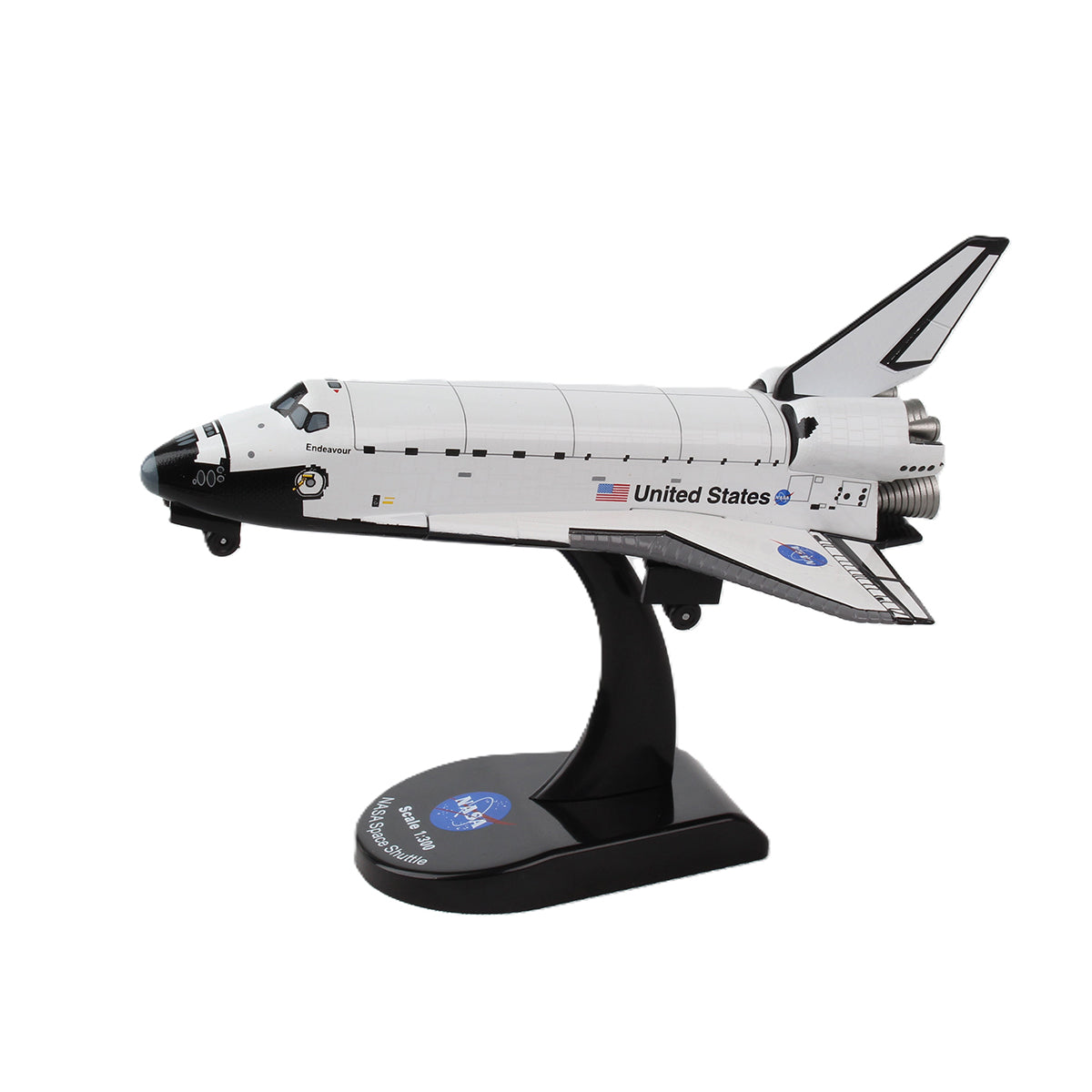 The DARON NASA Space Shuttle Endeavour Diecast Model features a white shuttle with black accents, United States and NASA logos, and an American flag decal, displayed on a sleek black stand.