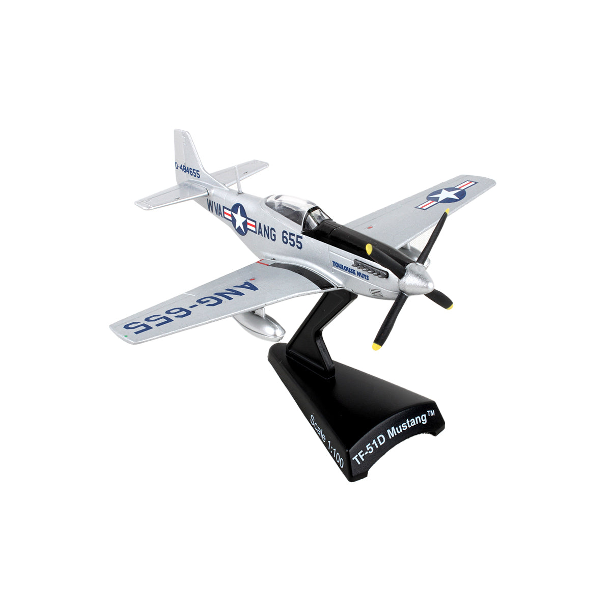 The DARON Boeing P-51D Mustang Toulouse Nuts Diecast Model is a silver airplane with "ANG-655" markings and U.S. Air Force insignia, displayed on a black stand labeled “TF-51D Mustang,” resembling the classic WWII fighter.