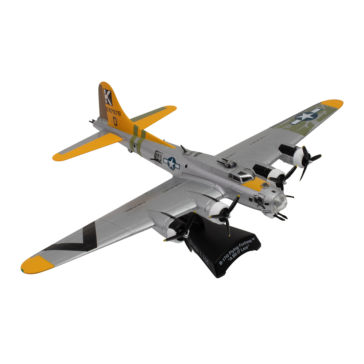 The DARON Boeing B-17G Flying Fortress "A Bit O'Lace" 1:155 diecast model features silver finish, yellow wing tips and tail, black markings, US Air Force insignia, and comes displayed on a black stand.