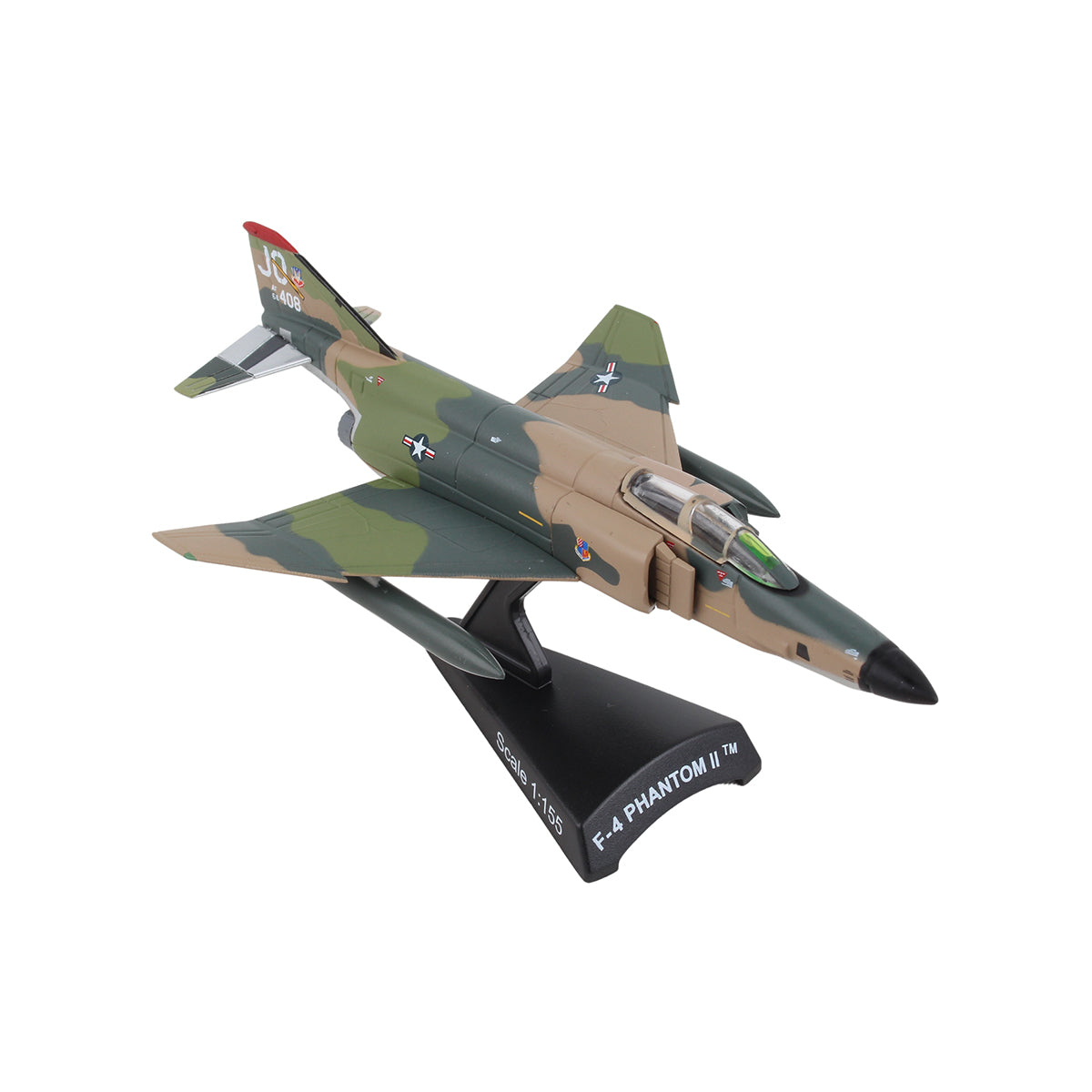 The DARON Boeing F-4 Phantom II Diecast Model features green and brown camouflage and comes mounted on a black display stand labeled F-4 PHANTOM II™ against a white background.