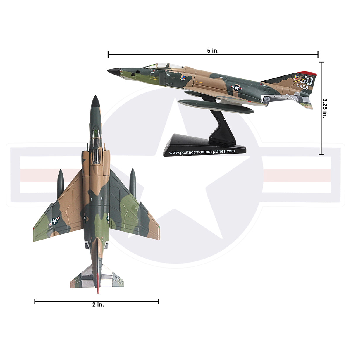 The DARON Boeing F-4 Phantom II Diecast Model features a camouflage finish and comes with a stand displaying “www.postagestampairplanes.com.” The jet measures 5" long by 2" wide and is shown from side and top views.