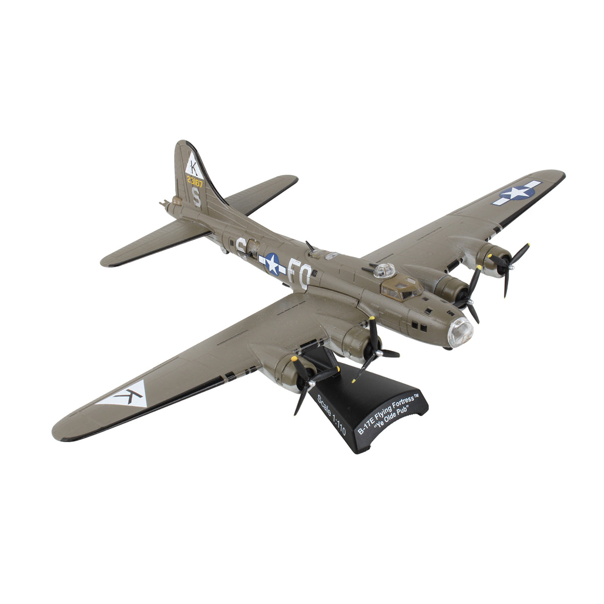 The DARON Boeing B-17E Flying Fortress "Ye Olde Pub" is a 1:155 scale diecast WWII bomber model with U.S. markings, olive drab finish, four propeller engines, and includes a sleek black display stand.