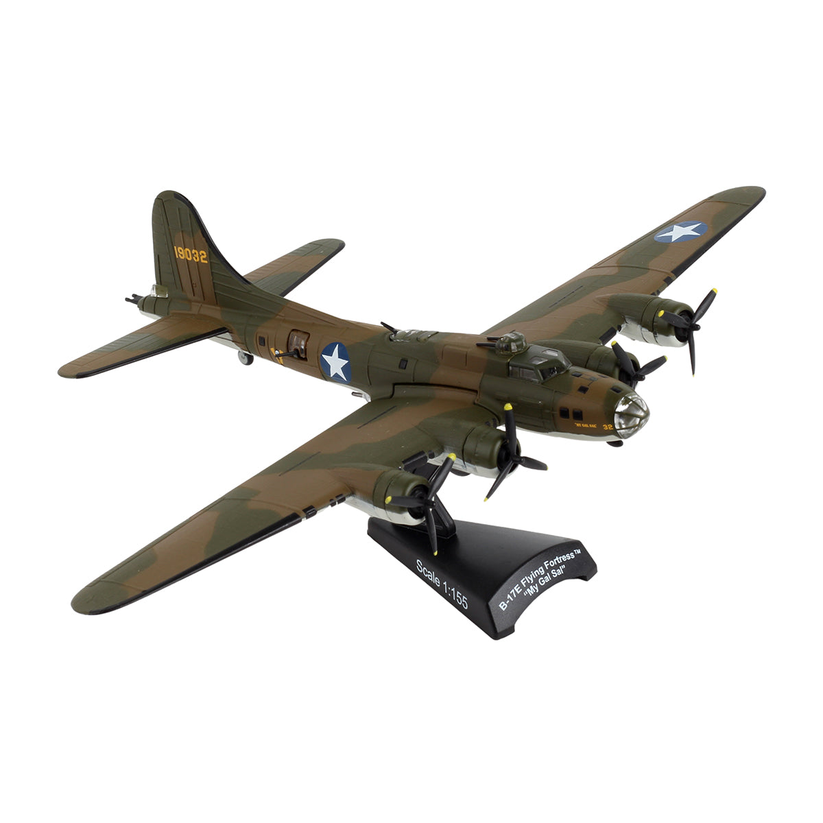 The DARON Boeing B-17E Flying Fortress "My Gal Sal" diecast model is a 1:155 WWII replica with U.S. markings, visible propellers and landing gear, and comes on a black stand labeled "B-17E Flying Fortress My Gal Sal 1942.