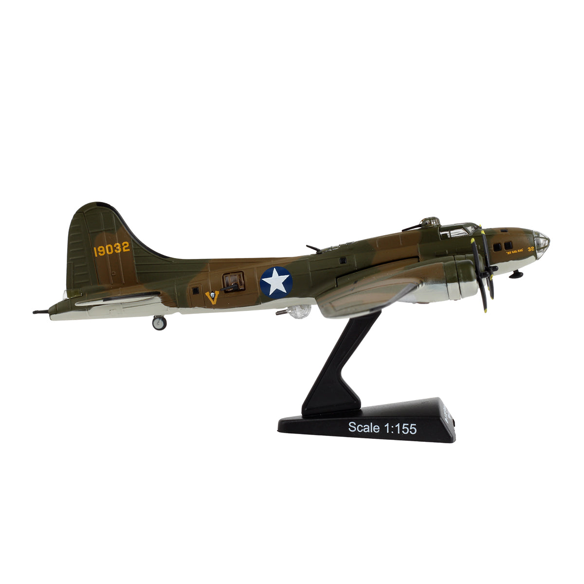The DARON Boeing B-17E Flying Fortress "My Gal Sal" diecast model features WWII camouflage, a blue and white star insignia, tail number 19032, and is displayed on a black stand labeled “B-17 Flying Fortress Scale 1:155.”.