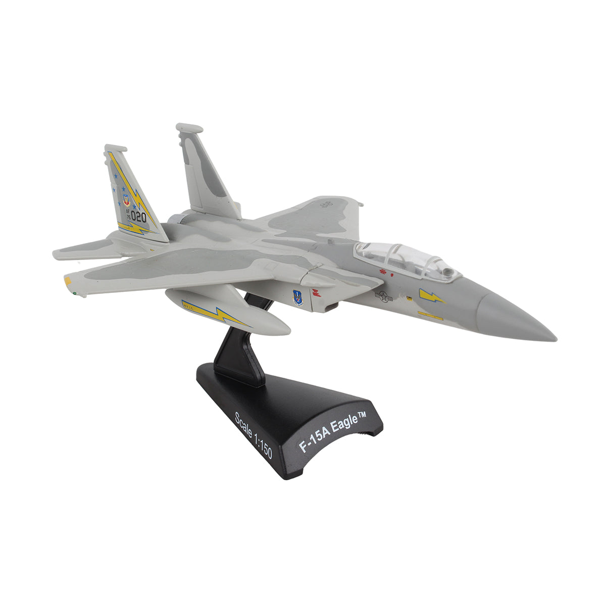 The DARON Boeing F-15A Eagle 5th Fighter Interceptor Diecast Model features gray camouflage, yellow accents, and tail number 020, displayed on a black stand labeled "F-15A Eagle 1:150.