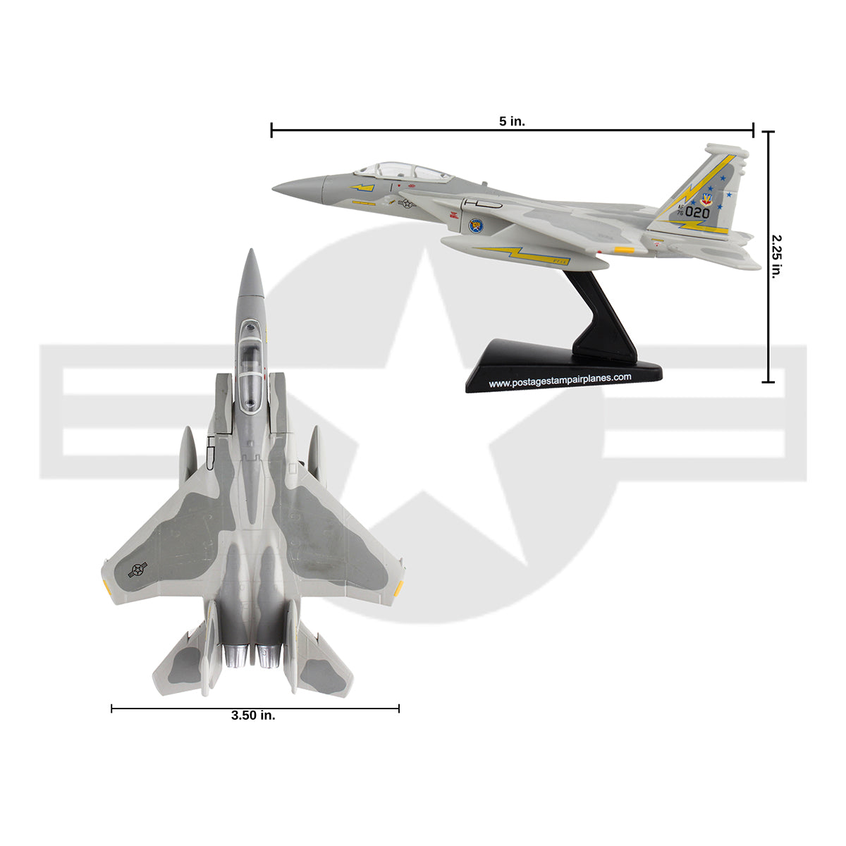The DARON Boeing F-15A Eagle 5th Fighter Interceptor Diecast Model (1:150 scale) is shown on a display stand, top and side views. Dimensions: length 9.25", wingspan 5", width 3.5". A faded star emblem appears in the background.