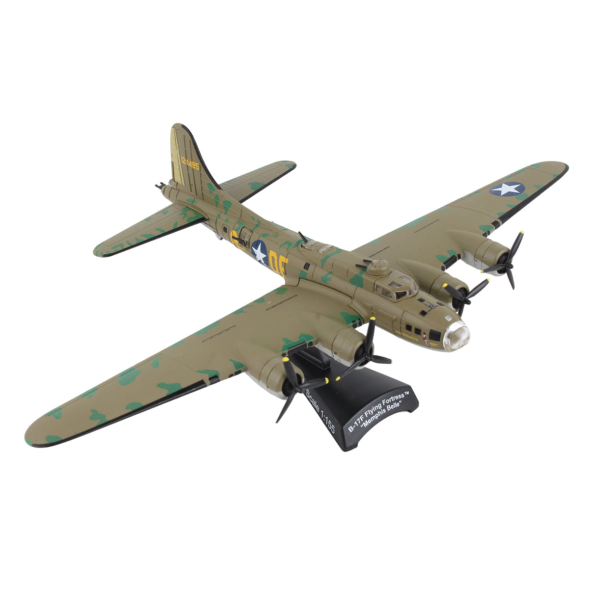 The DARON Boeing B-17F Flying Fortress "Memphis Belle" Diecast Model is a WWII replica featuring camouflage paint, four propellers, US Air Force insignia on the wings, and comes displayed on a black stand.