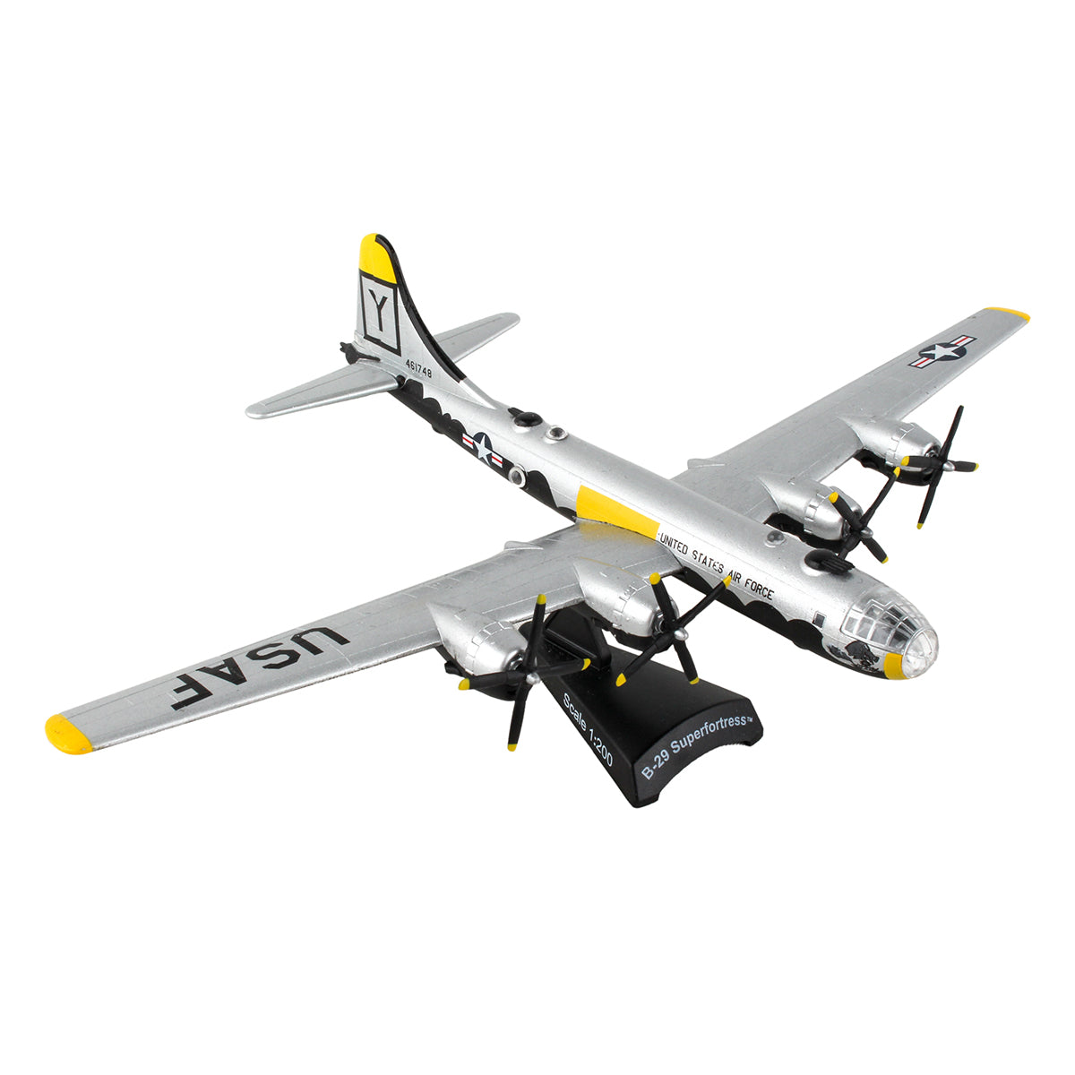 The DARON Boeing B-29 Superfortress "It's Hawg Wild" 1:200 die-cast model features a silver finish with black and yellow details, four propellers, “USAF” wing markings, and comes displayed on a black stand.