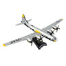 The DARON Boeing B-29 Superfortress "It's Hawg Wild" 1:200 die-cast model features a silver finish with black and yellow details, four propellers, “USAF” wing markings, and comes displayed on a black stand.