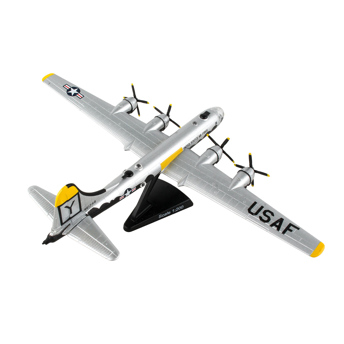 DARON Boeing B-29 Superfortress "It's Hawg Wild" diecast model airplane in silver with yellow and black accents features four engines, military logos on wings and tail, 1:200 scale display stand included.