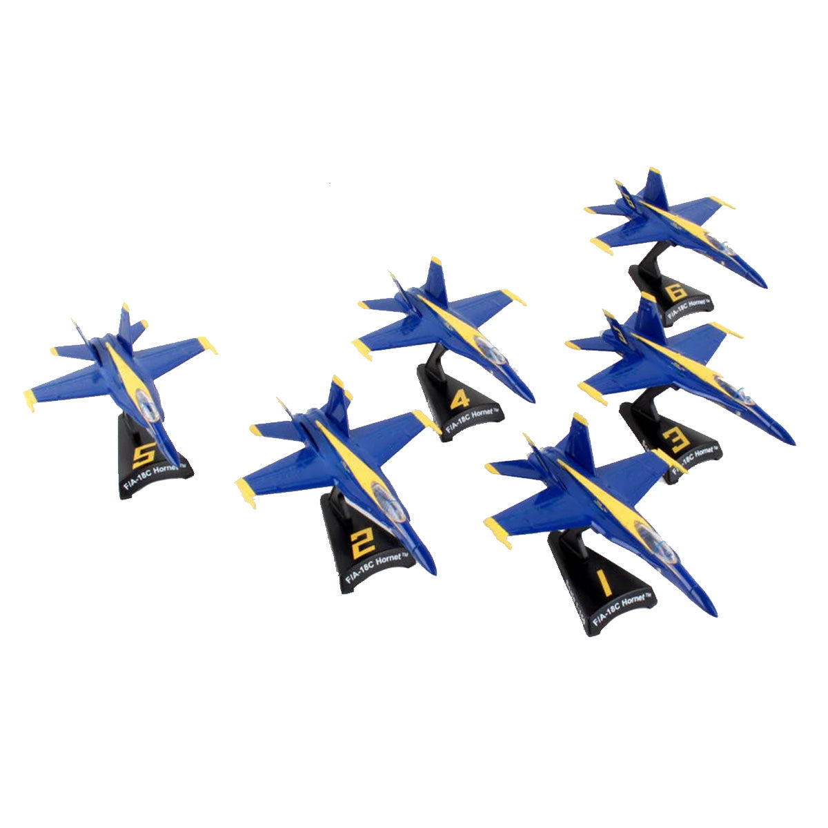 The DARON Boeing F/A-18C Blue Angel 6 Planes Set Diecast Model features six Navy blue and gold jets in formation, each on a numbered stand from 1 to 6.