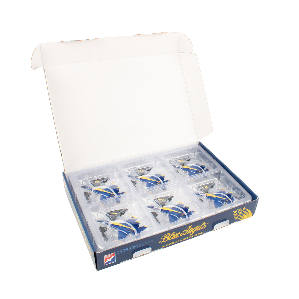 The DARON Boeing F/A-18C Blue Angel Diecast Model Set includes six 1:150 scale planes in Navy blue and gold livery, each in clear holders. The open box is labeled "Blue Angels.