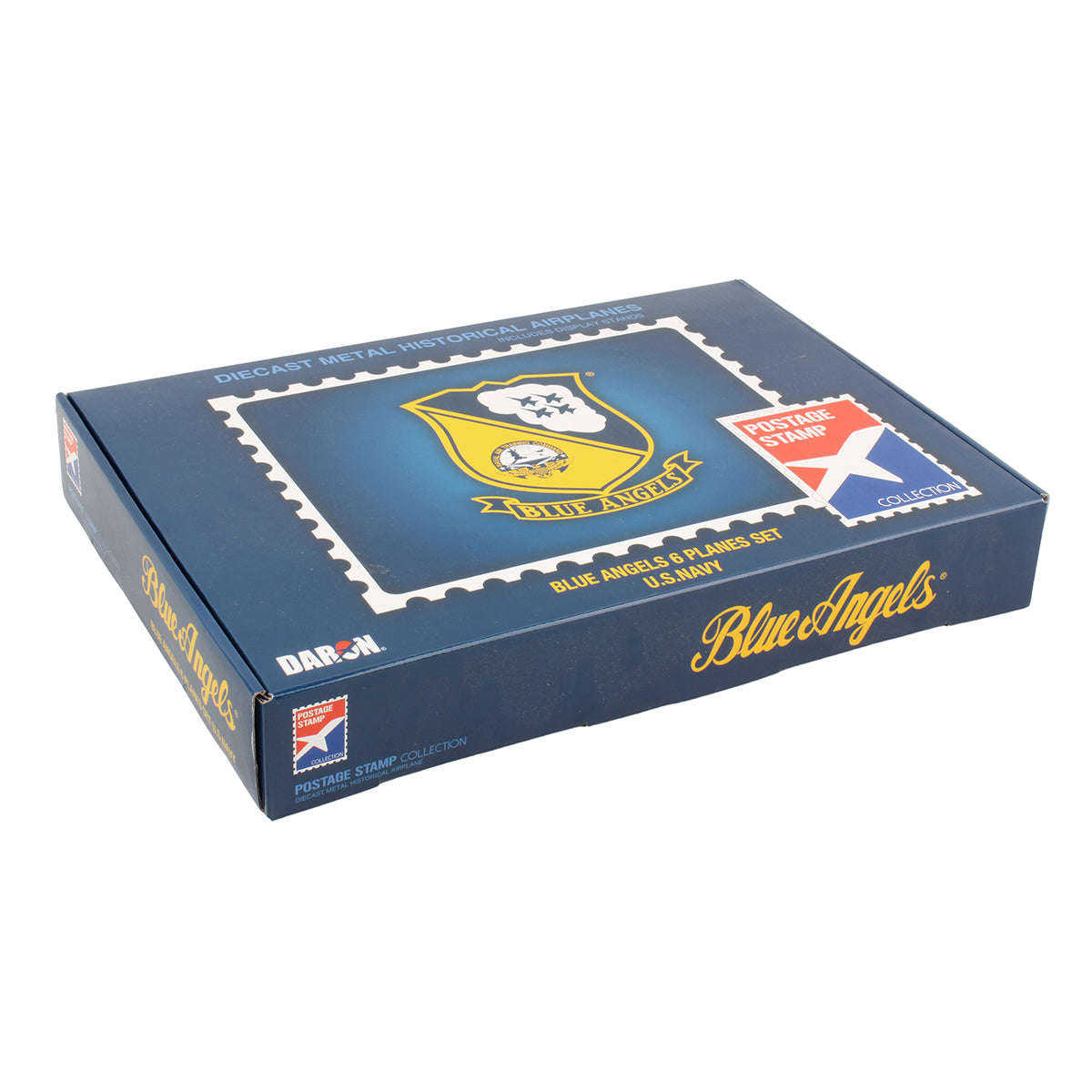 A blue box labeled "Boeing F/A-18C Blue Angel 6 Planes Set Diecast Model" by DARON, featuring six diecast metal F/A-18C Super Hornet planes in classic Navy blue and gold livery with the Blue Angels logo.