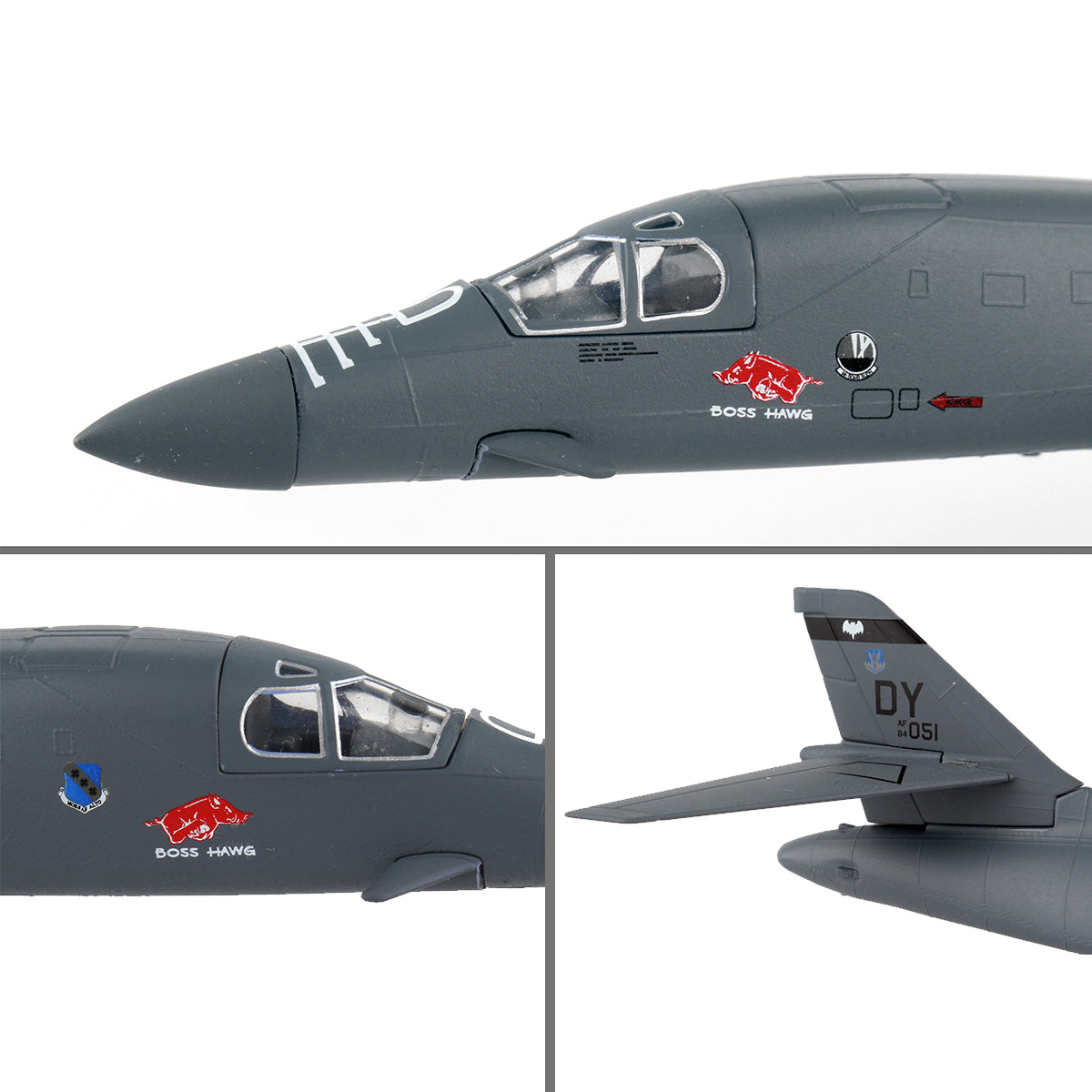 Close-up views of the DARON Boeing B-1B Lancer "Boss Hawg" Diecast Model: top image features the cockpit and nose, bottom left highlights cockpit details and insignias, and bottom right focuses on tail markings, including DY.