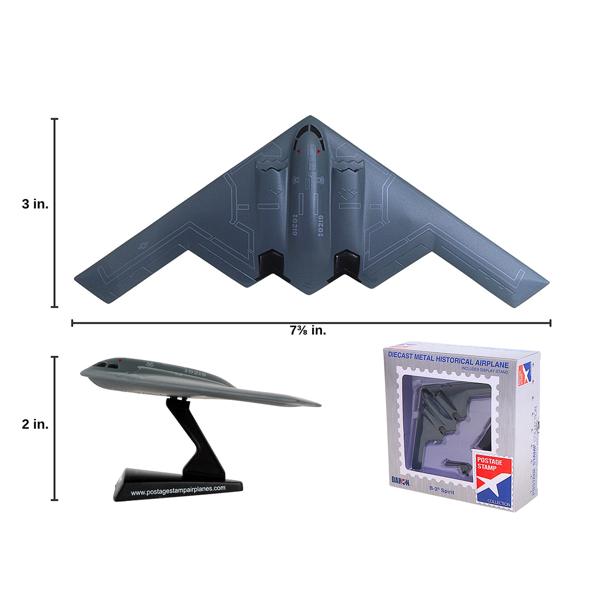 The DARON Boeing B-2 Spirit Diecast Model showcases the iconic flying-wing design in gray, displayed from above on a 2" stand or in packaging. It measures 7¾" wide by 3" long.