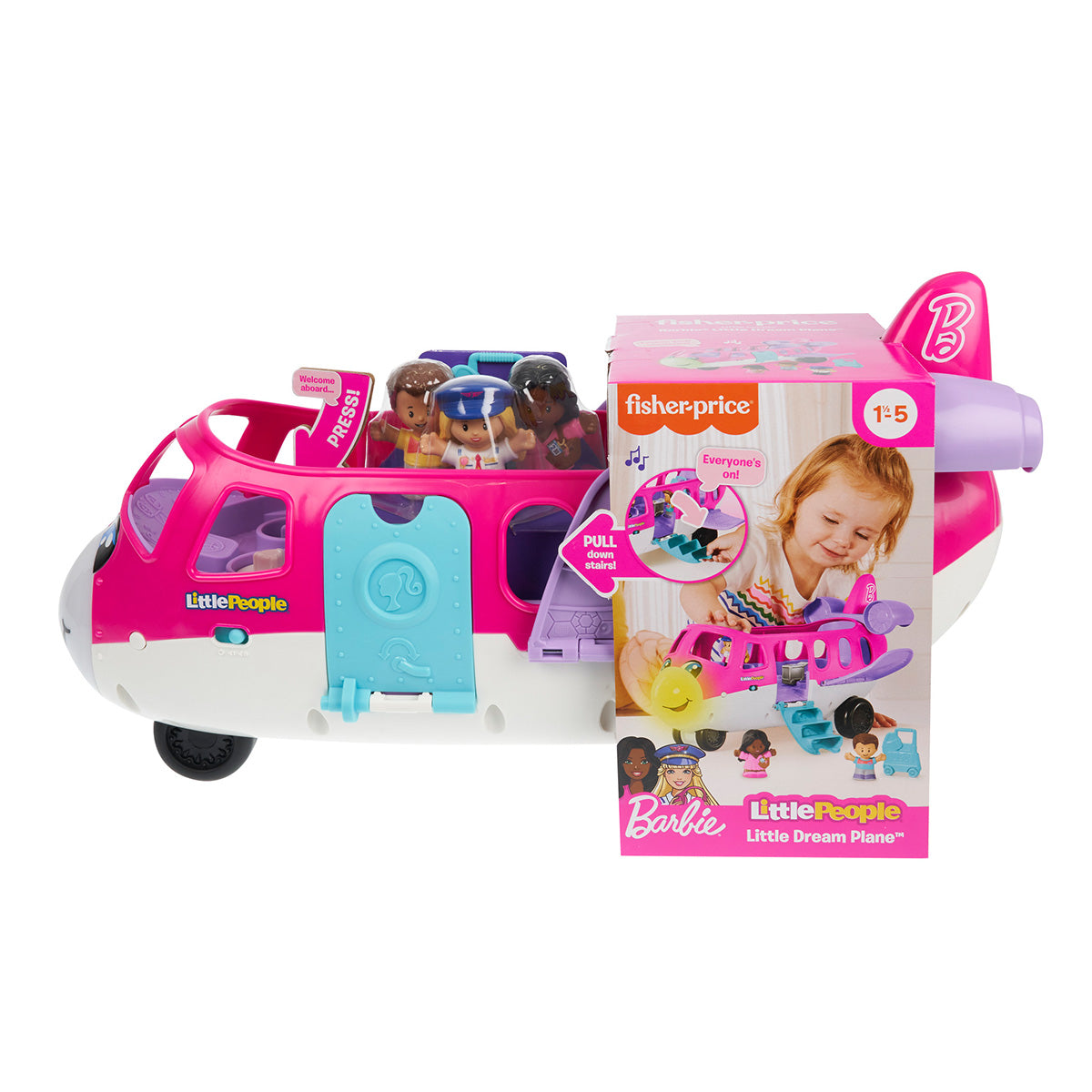 A pink and white Boeing Barbie Little People Little Dream Plane toy airplane with Little People figures inside. The packaging features a young girl playing with the plane and indicates it is designed for ages 1-5.