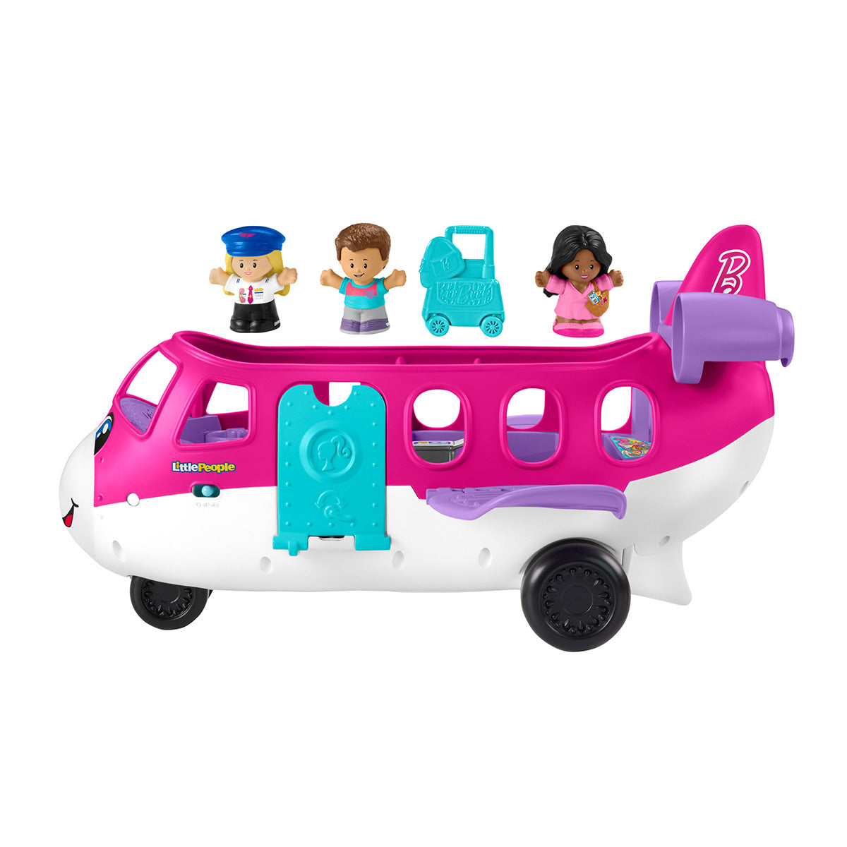 The Barbie Little People Little Dream Plane by Boeing is a pink and white toy airplane inspired by the Barbie Dream Plane, featuring three Little People figures, a blue luggage piece, and an open door—perfect for sparking children’s imaginative play.