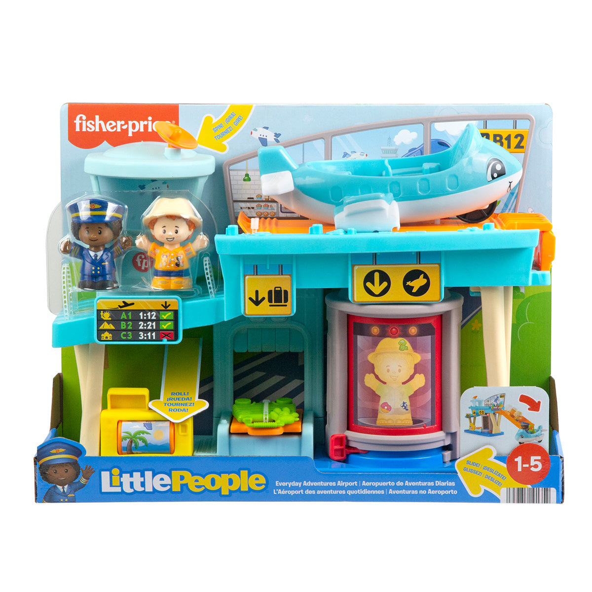 The BOEING Fisher-Price Everyday Adventures Airport playset features a pilot and passenger figures, a blue airplane, control tower, baggage carousel, and signs—ideal for imaginative play with toddlers ages 1-5.