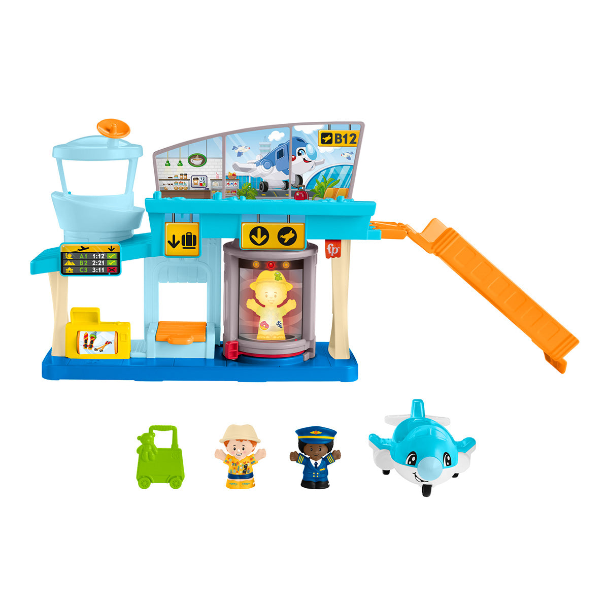 The BOEING Fisher-Price Everyday Adventures Airport is a colorful playset designed for toddlers, featuring a control tower, baggage carousel, orange slide, and playful graphics. The set includes fun accessories such as a green cart, two figures, and a smiling blue airplane to inspire imaginative airport adventures with engaging themed backgrounds.