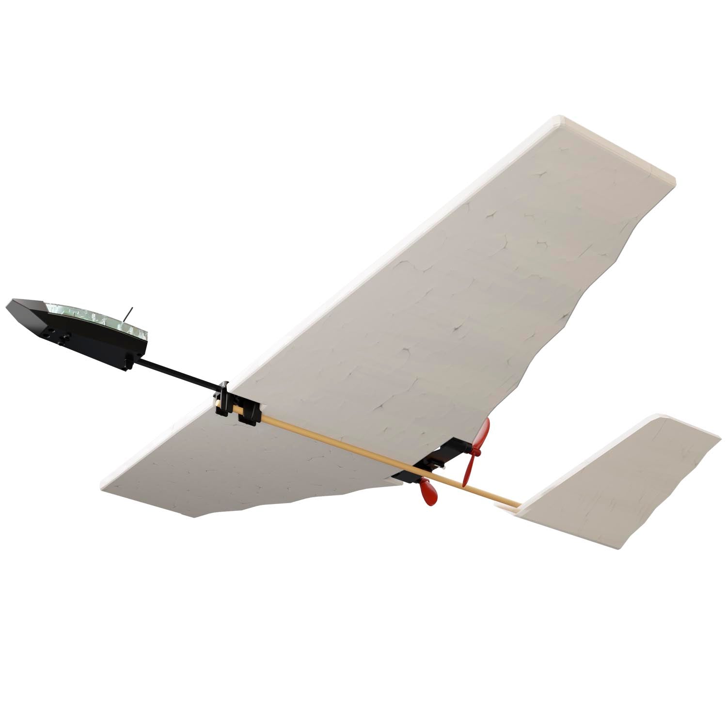 The Boeing Store’s POWERUP EZ Streak Foam Kit is a remote-controlled glider with white foam wings and tail, a wooden fuselage, and a black electronic component—ideal for RC flight enthusiasts.