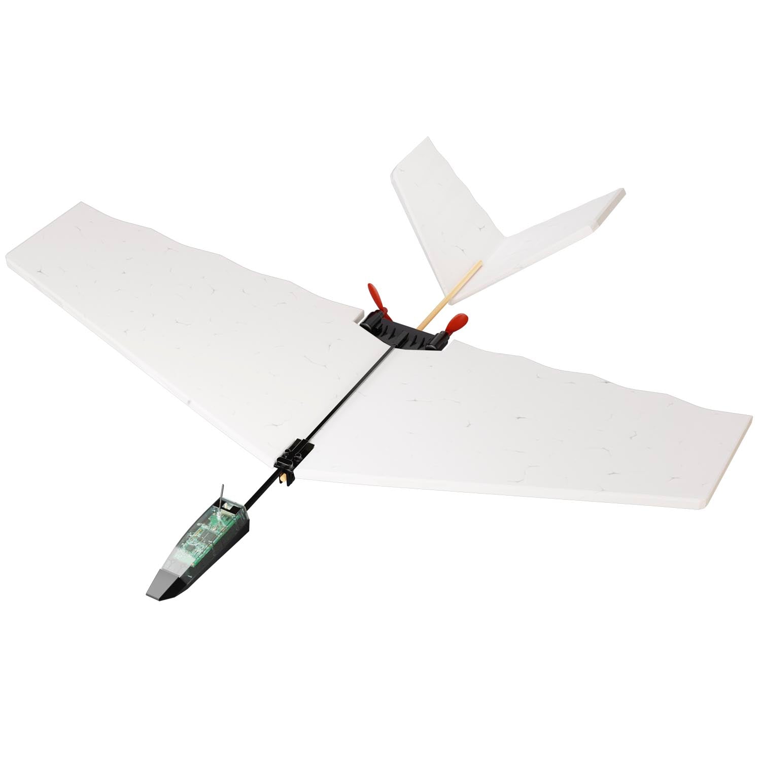 The POWERUP EZ Streak Foam Kit by The Boeing Store is a white foam glider with a flat, wide main wing, V-shaped tail, and exposed circuit board on its narrow front fuselage, shown against a plain white background.