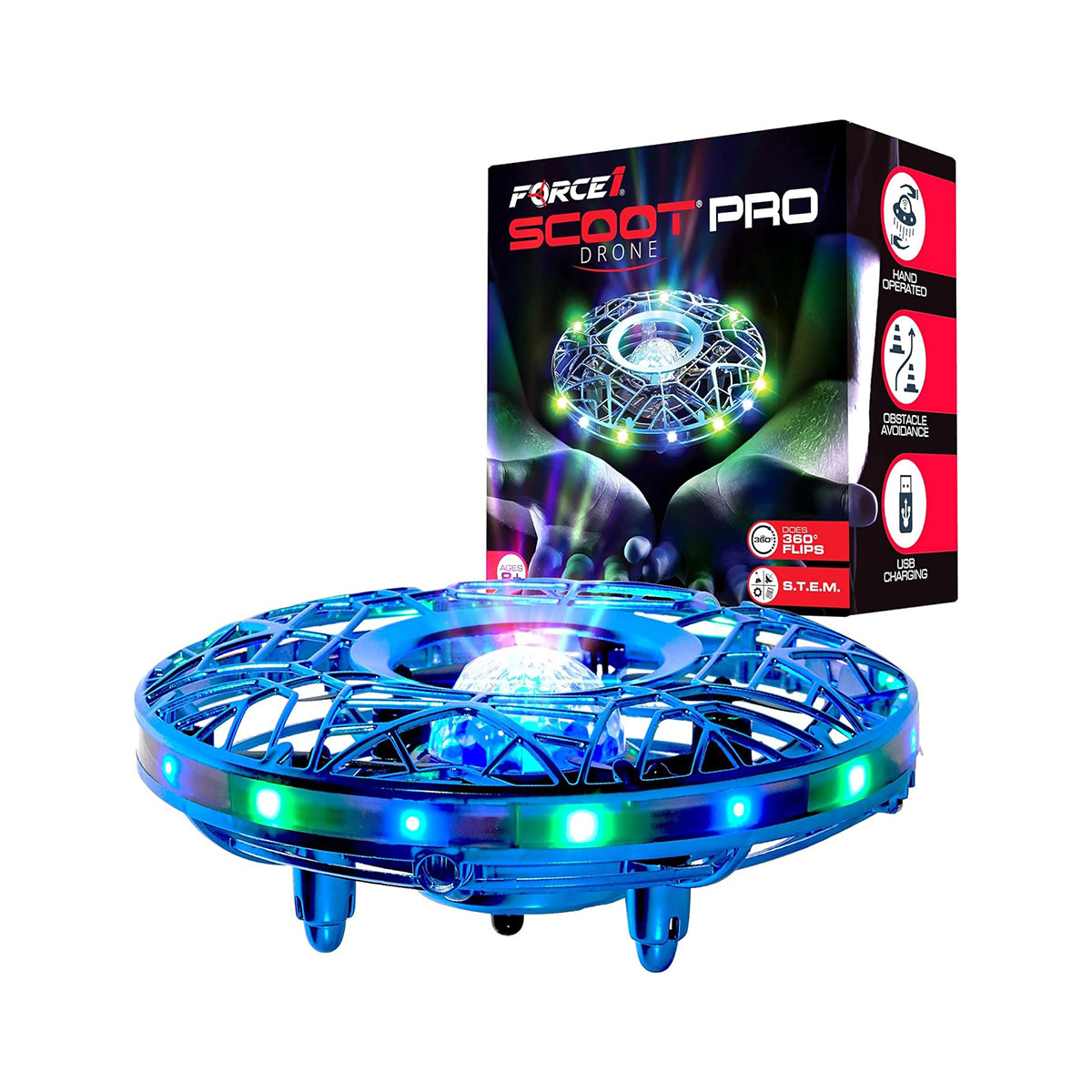 A blue Boeing Force1 Scoot Pro Drone hovers with vibrant LED lights, as the product box displays its image and features, including 360° flips, hands-free operation using advanced sensor technology, and USB charging.