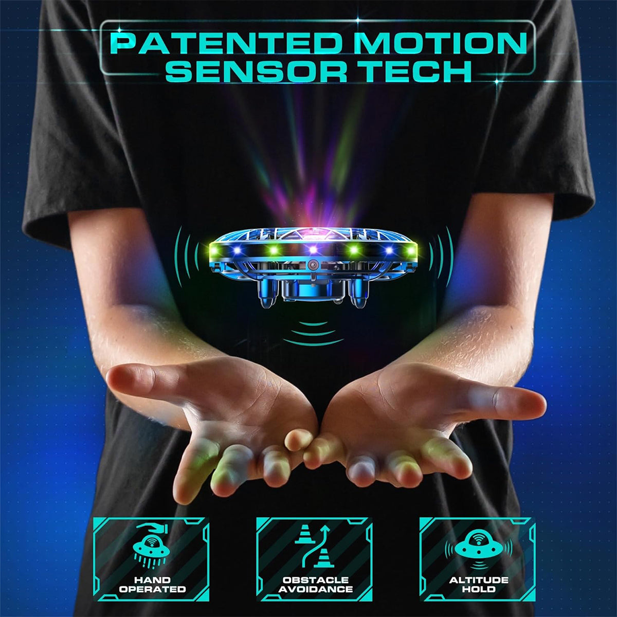 Someone displays the Boeing Force1 Scoot Pro Drone, a small hands-free mini drone with glowing lights. Above, it reads Patented Sensor Technology. Icons below showcase its features: hand-operated, obstacle avoidance, and altitude hold. The background features a gradient of blue and green.