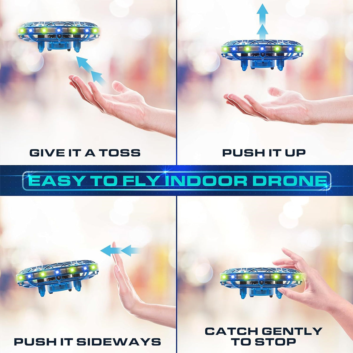 Boeings Force1 Scoot Pro Drone illustrated in four stages: Top left, toss it with ease; Top right, lift using sensor tech; Bottom left, glide sideways smoothly; Bottom right, catch gently and calmly.
