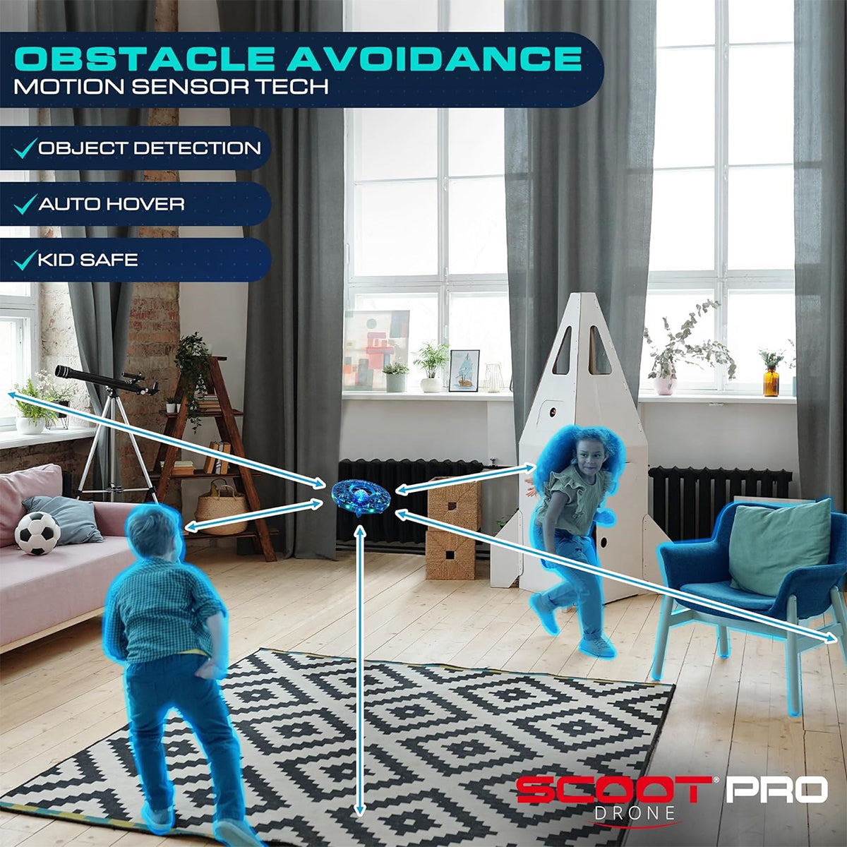 In the lively living room with modern decor, a triangular tent, and a soccer ball, two children enjoy playing with the blue Force1 Scoot Pro Drone by Boeing. This hands-free drone features Obstacle Avoidance and Auto Hover technology for kid-safe fun as it skillfully avoids obstacles.