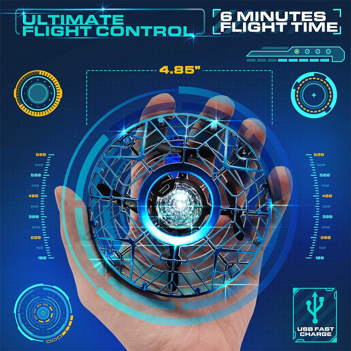 A hand holds the futuristic Force1 Scoot Pro Drone from Boeing—a spherical mini drone with a blue grid-like design. Highlights include Ultimate Flight Control, 6-minute flight time, sensor technology, 4.85-inch size, and USB fast charge amidst digital graphics.