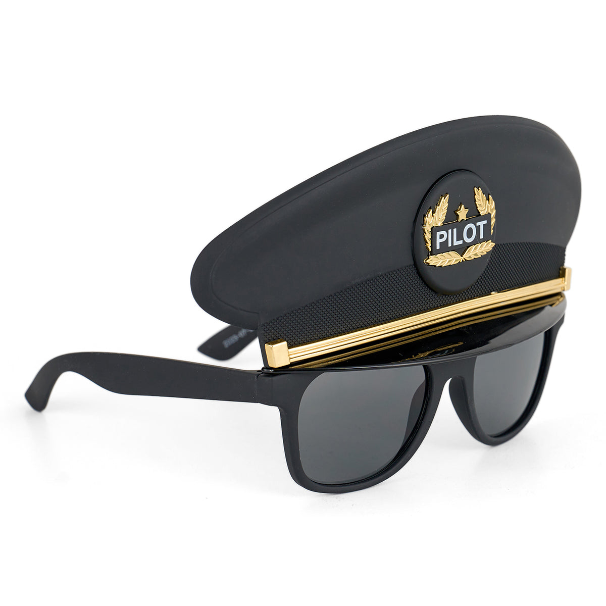 BOEING Kids Pilot Shades: Black UV400 sunglasses attached to a black pilot hat with a gold PILOT badge, gold leaves, and a gold band—ideal for party favors or themed events.