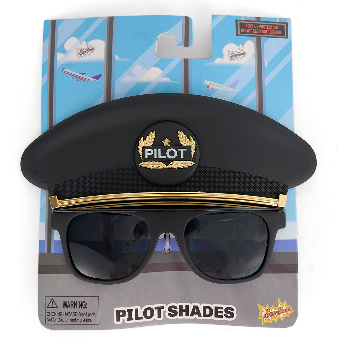 BOEING Kids Pilot Shades are novelty sunglasses shaped like a pilots hat, featuring UV400 protection. The black glasses come in airplane-themed packaging—perfect party favors. For ages 14 and up.