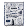 The Boeing Future Of Flight Destination Blanket by BOEING showcases aviation-themed woven quality with Julia Gash’s custom illustrations and text, featuring an airplane, control tower, tour bus, “Future of Flight,” “Everett, WA,” “Boeing,” and “PAE.”.