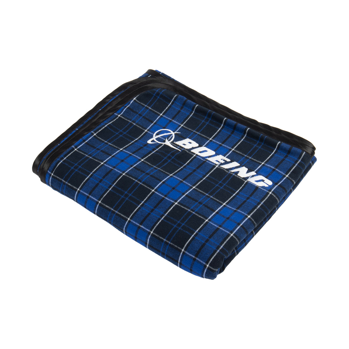 A folded blue and black Boeing 2026 Jet Snowflake Flannel Blanket featuring the BOEING logo and name in white, displayed against a white background.