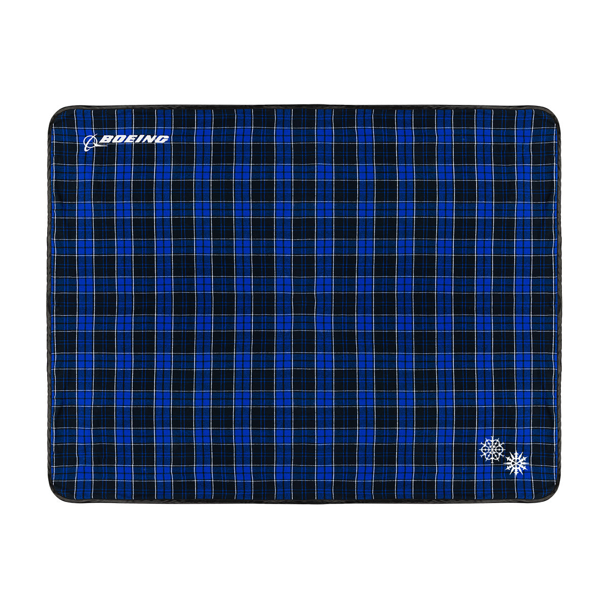 Rectangular blue and black plaid Boeing 2026 Jet Snowflake Flannel Blanket featuring a small white logo in the top-left corner and two white snowflake icons in the bottom-right corner.