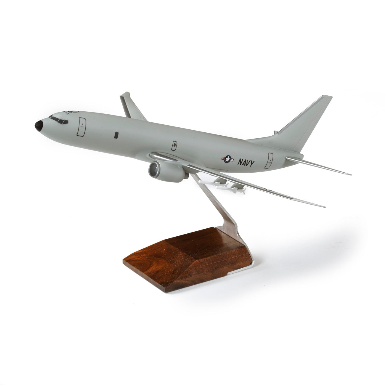 The PACMIN Boeing P-8A Poseidon Resin 1:100 Model features precision injection molding, authentic gray Boeing paint codes, and comes mounted on a wooden stand against a plain white background.