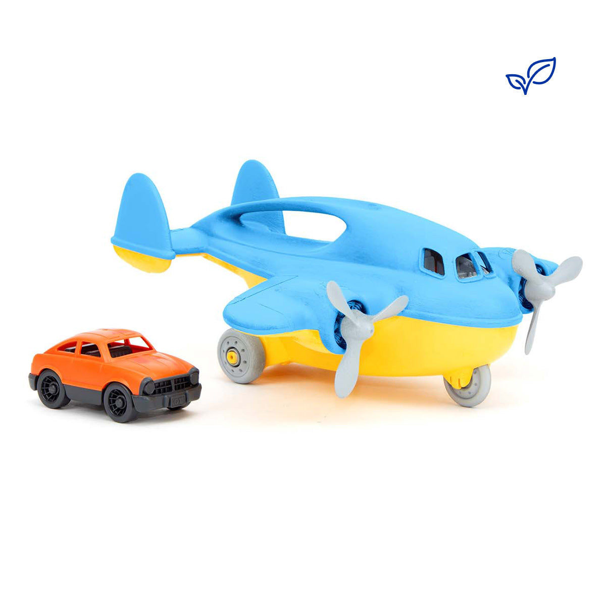 A Green Toys™ Cargo Airplane with Mini Car by The Boeing Store, made from recycled milk jugs in the USA, sits next to its orange mini car on a white background.